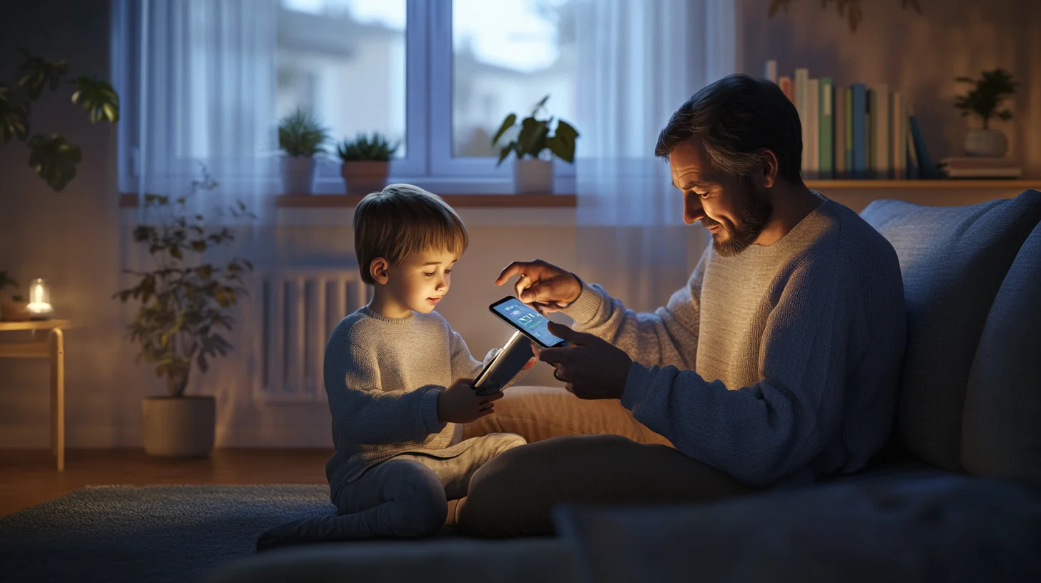 Enfant est éduqué par ses parents pour l'utilisation de son téléphone